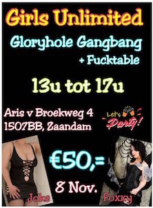 Gloryhole Gangbang plus Fucktable wordt gehouden op 8 november-2017 in Baccara Club Zaandam